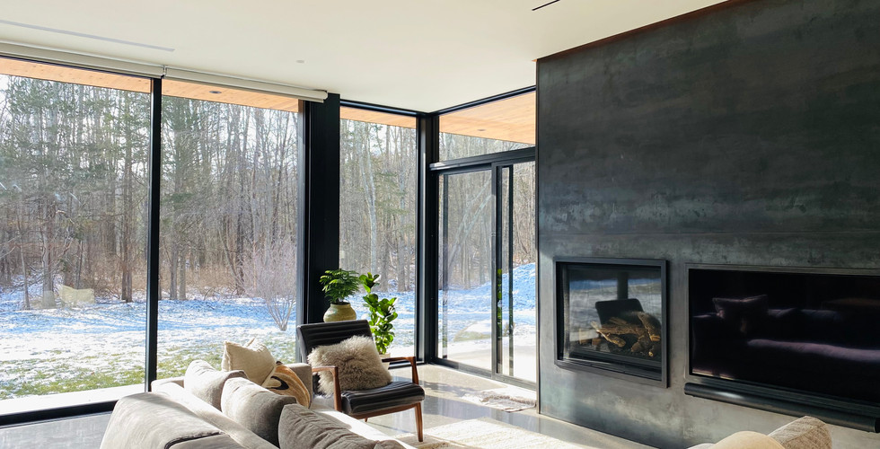 Living room A/V design with nakymatone speakers, inset samsung TV, Lutron lighting, shades