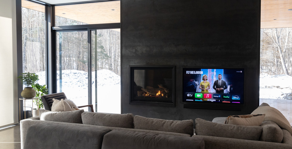 Living room A/V design with nakymatone speakers, inset samsung TV, Lutron lighting, shades